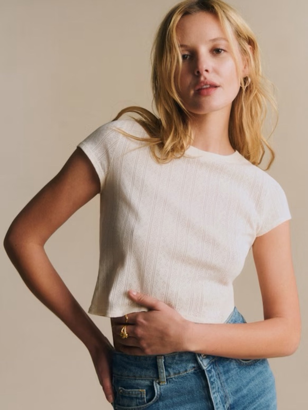 NWT Sézane Camil T-Shirt in Cream Pointelle Size M